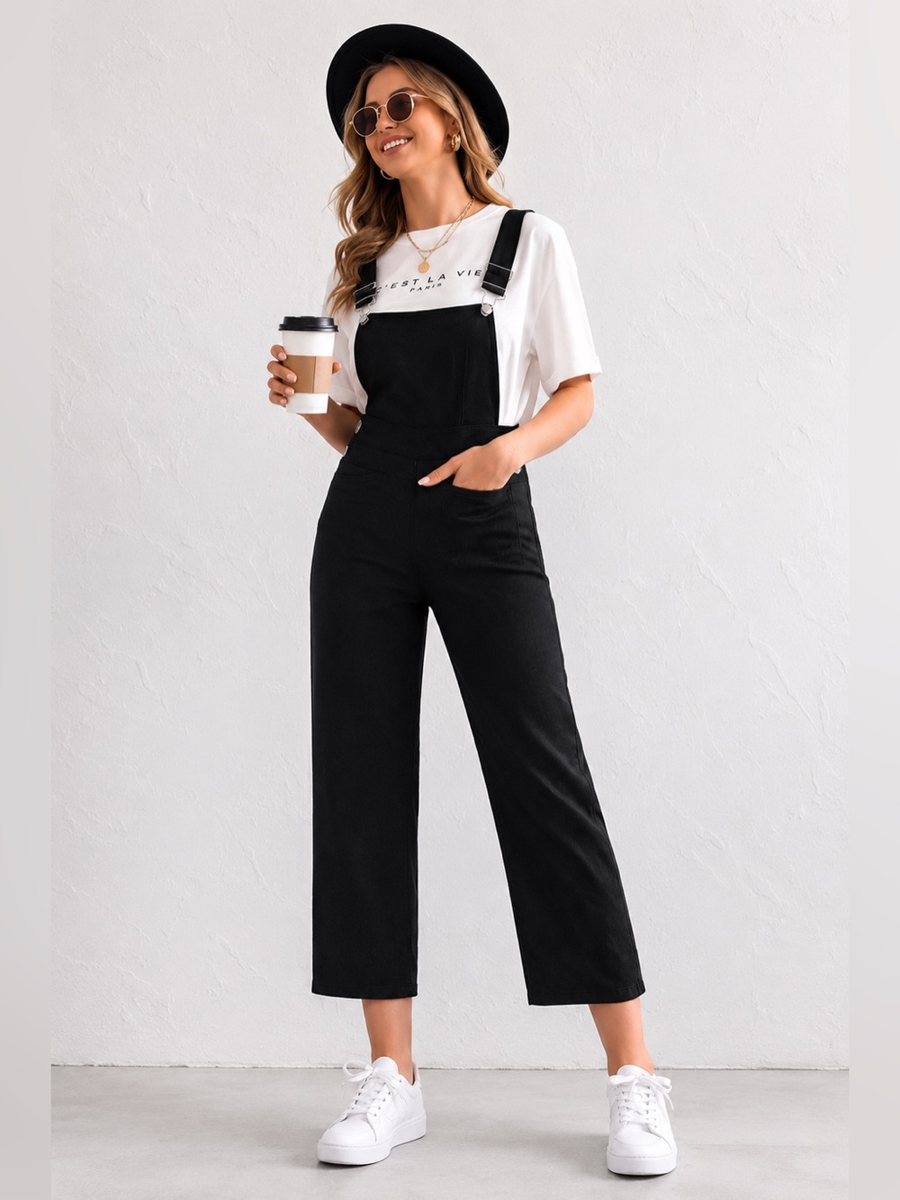Corduroy Cropped Pants Overalls Pinafore Jumpsuit Black sleeveless